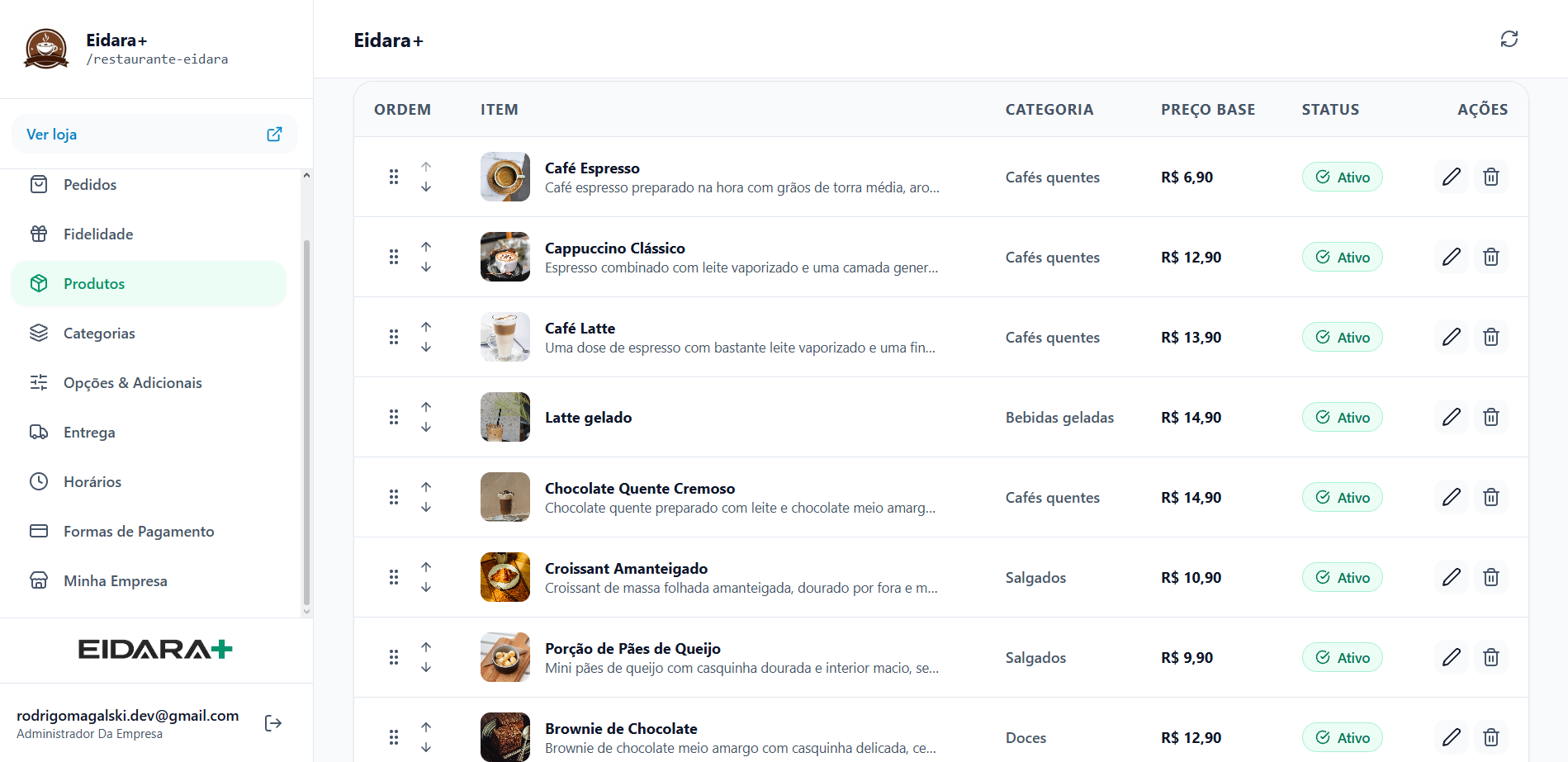 Painel administrativo do Eidara+ com a lista de produtos, categorias, preços e status.